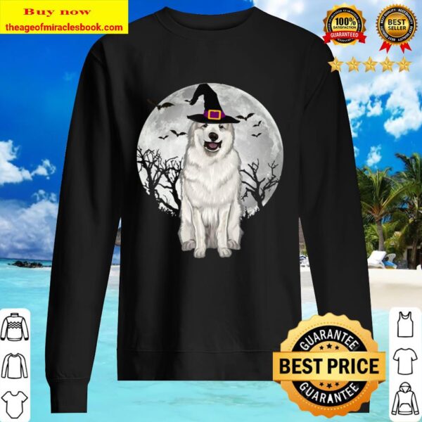 Scary Great Pyrenee Dog Witch Hat Halloween Sweater