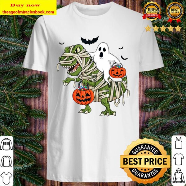 Halloween Ghost Riding T Rex Funny Boys Girls Kids Gift Shirt