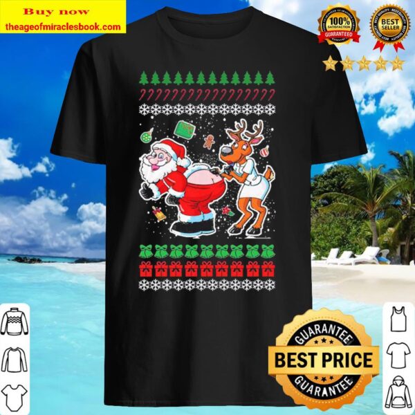 Santa and Reindeer Ugly Merry Christmas Shirt