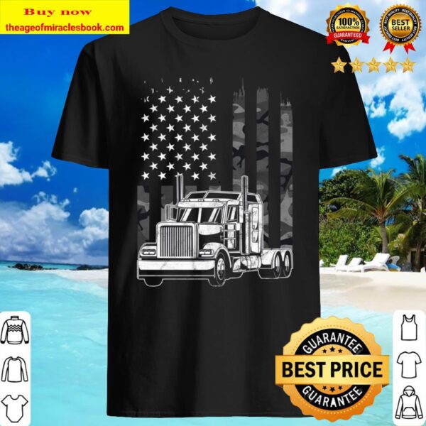 Vintage Trucker Black Camo USA American Flag Truck Driver Pullover Shirt