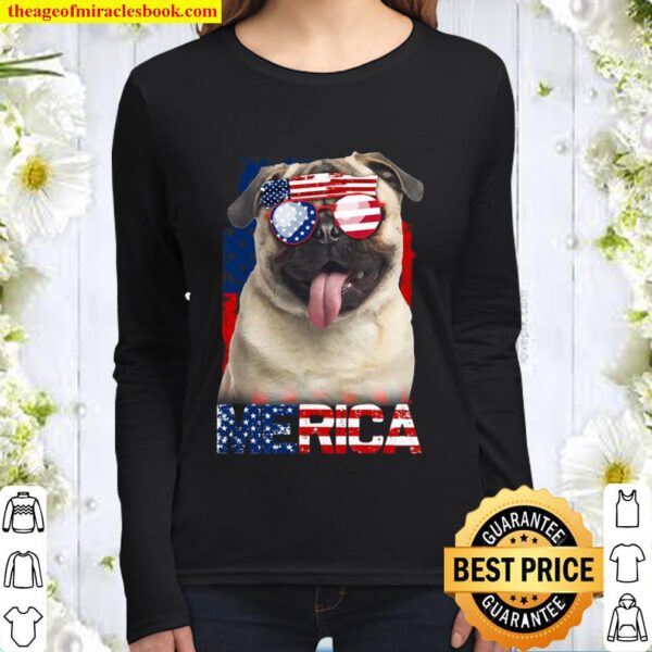 4th of July Shirt American Flag Pugs Dog Lover Gifts Women Long Sleeved