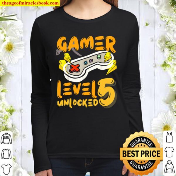 5th Birthday Gamer Gift Ideas Shirt Level Unlocked Women Long Sleeved