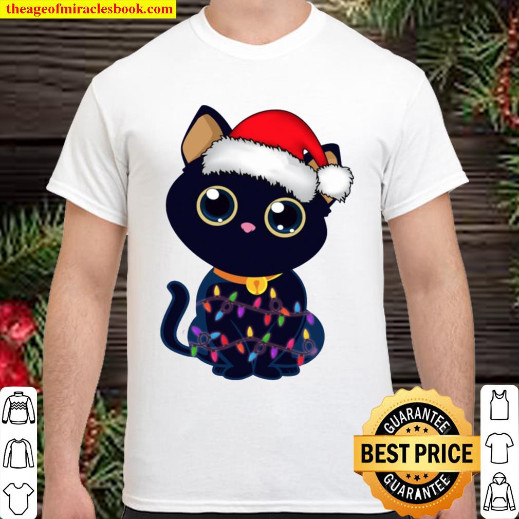 Cute Black Cat With Christmas Lights Holidays T-Shirt - Funny Cat Lover ...