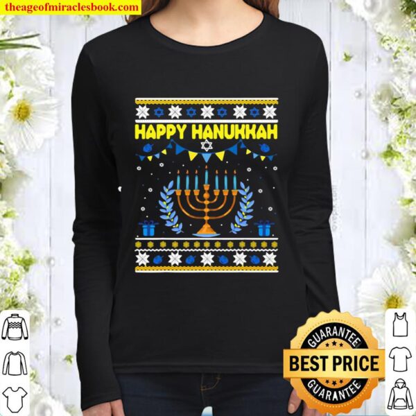 Happy Hanukkah Jew Menorah Jewish Ugly Christmas Women Long Sleeved