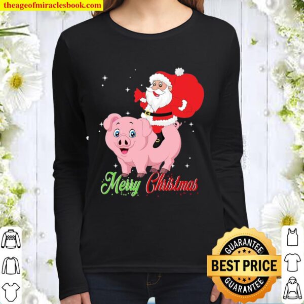 Merry christmas pig and santa claus Women Long Sleeved