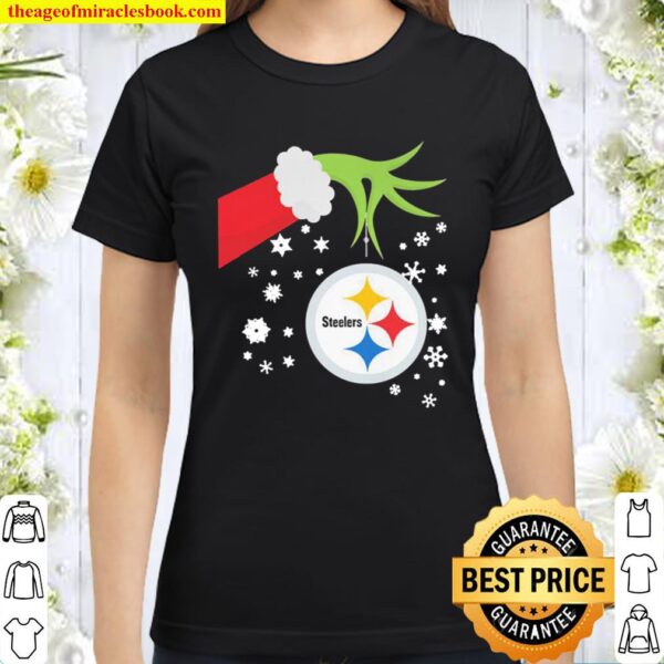 Official The Grinch hand holding ornament Pittsburgh Steelers Christma Classic Women T-Shirt