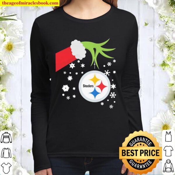 Official The Grinch hand holding ornament Pittsburgh Steelers Christma Women Long Sleeved