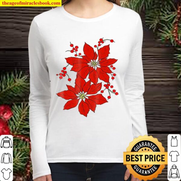 Red Poinsettia Happy Merry Christmas Women Long Sleeved