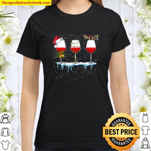 Red Wine Christmas Pajamas - Wine Reindeer, Wine Light, Wine Hat Santa Classic Women T-Shirt