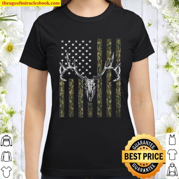 Skull Deer American Camo Flag Print on Back T-Shirt – Deer Hunting Cam Classic Women T-Shirt
