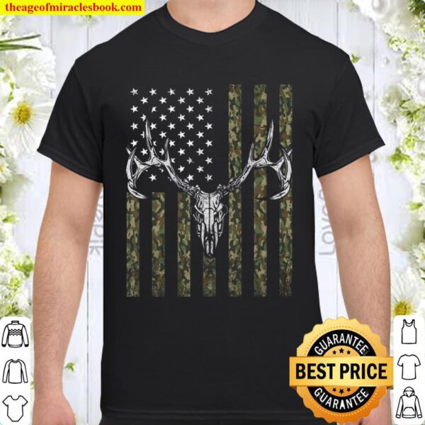 Skull Deer American Camo Flag Print on Back T-Shirt – Deer Hunting Cam Shirt