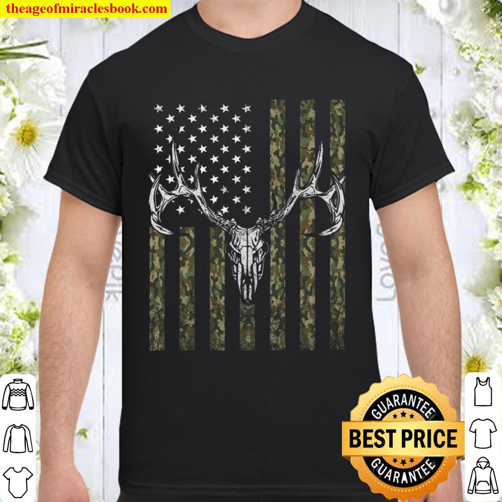 Skull Deer American Camo Flag Print on Back T-Shirt – Deer Hunting Camouflage Flag Shirt, Hoodie, Long Sleeved, SweatShirt
