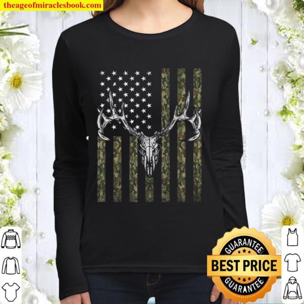 Skull Deer American Camo Flag Print on Back T-Shirt – Deer Hunting Cam Women Long Sleeved