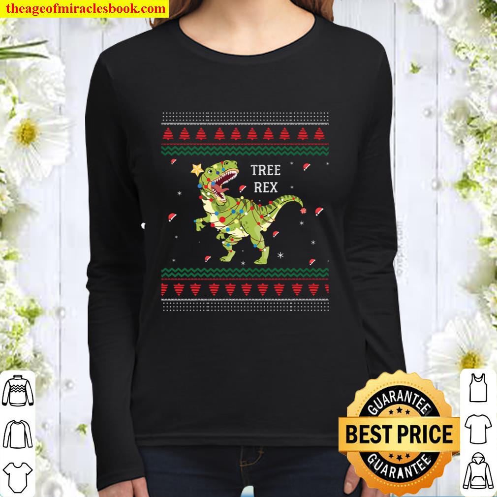 Tree Rex Trex Dinosaur Light Ugly Christmas Sweater Pajamas Women Long Sleeved