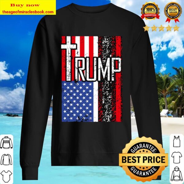 Trump Retro Distressed USA Flag Christian Cross Patriotic Sweater
