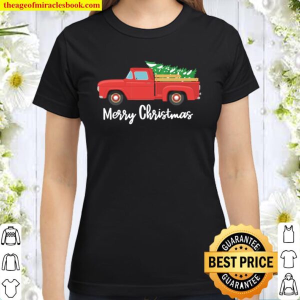 Vintage Wagon Christmas Tree Red Retro Farmer Truck Vacation Classic Women T-Shirt