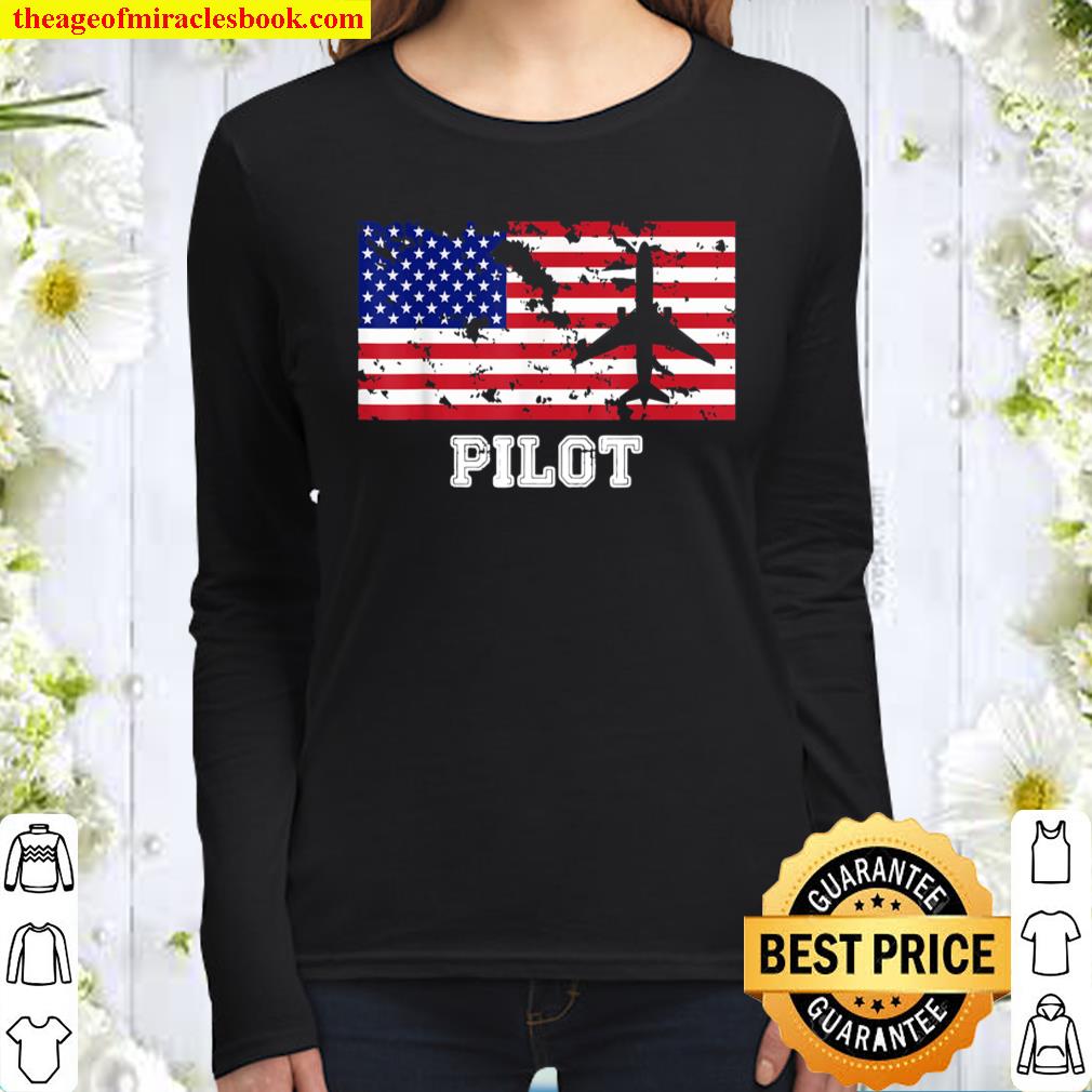 American Flag Pilot T Shirt Gift (Aviation Tees) Women Long Sleeved