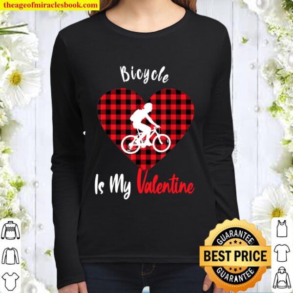 Bicycle Is My Valentine Funny Red Plaid Heart Biker Gifts Women Long Sleeved