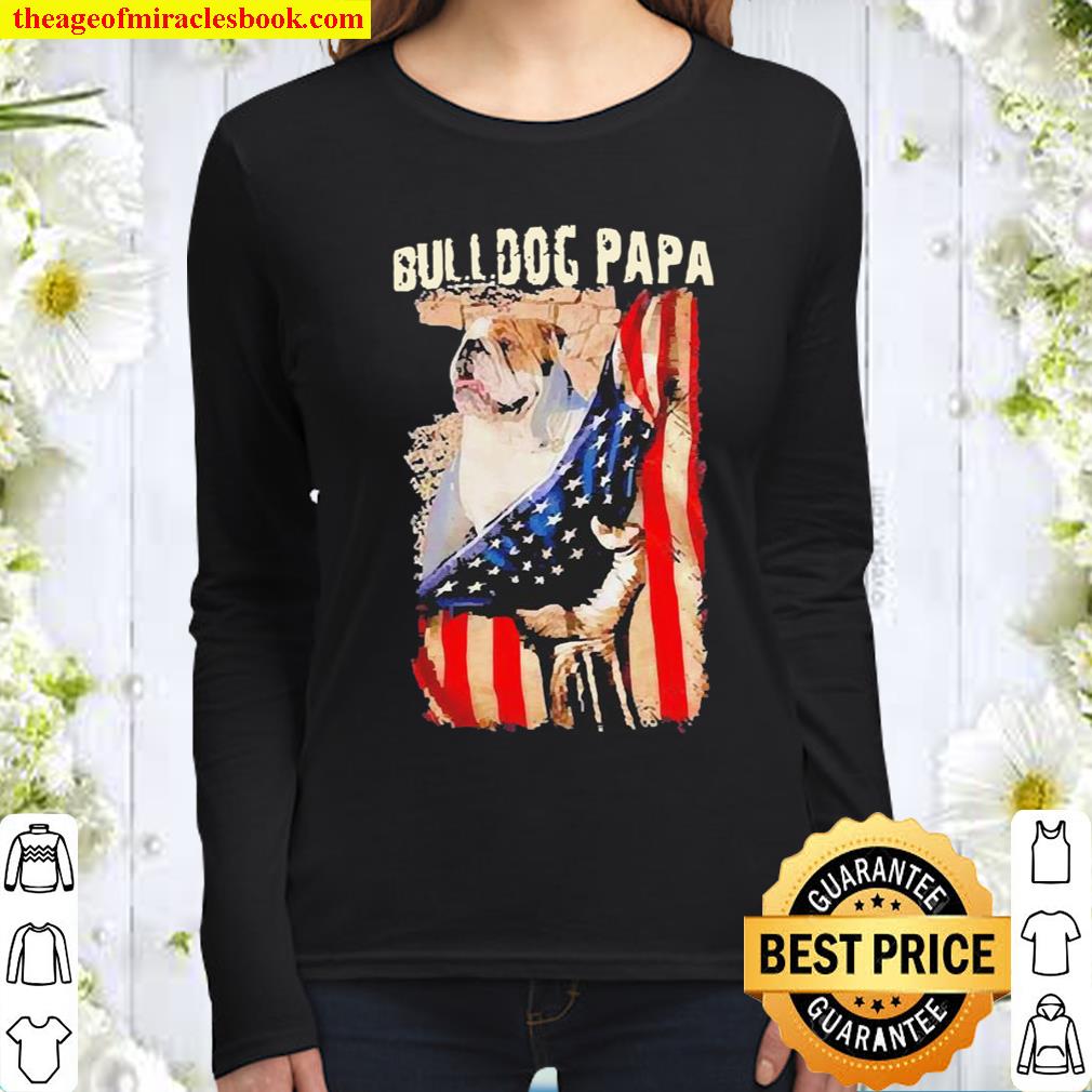 Bulldog Papa American Flag Women Long Sleeved