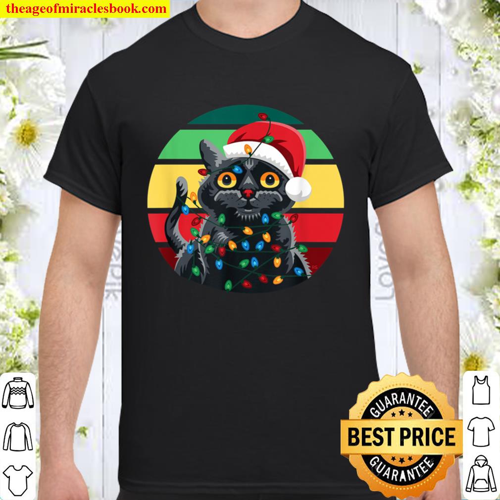 Cute Black Cat Tangled in Christmas Lights - Retro Style Shirt