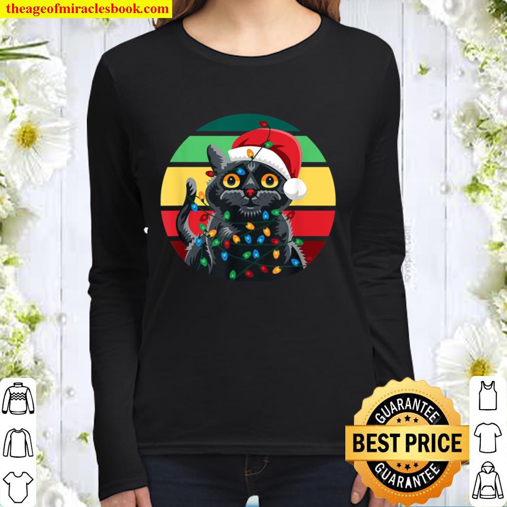 Cute Black Cat Tangled in Christmas Lights - Retro Style Women Long Sleeved