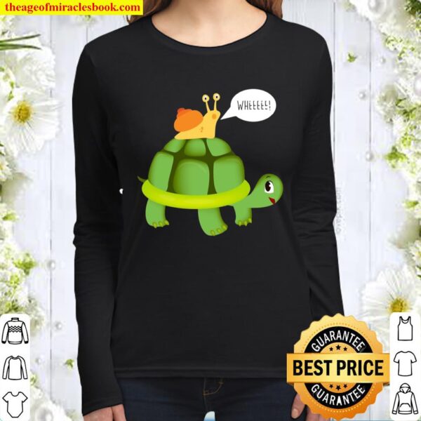 Cute Snail Riding On Turtle Yelling Whee Funny Animals Women Long Sleeved