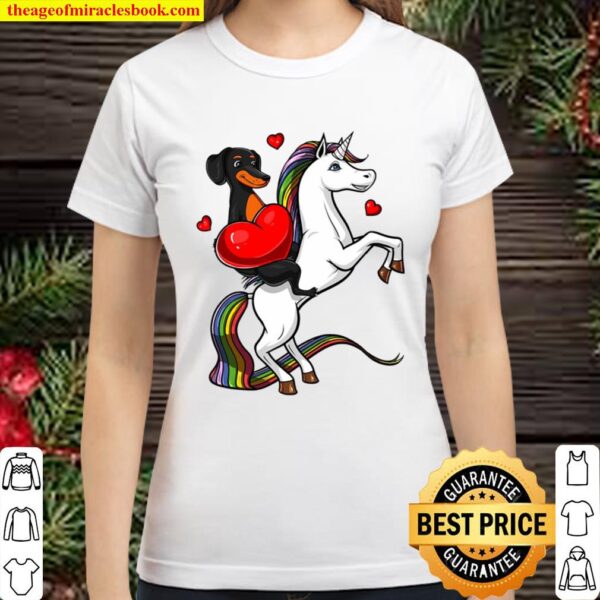 Dachshund Wiener Dog Riding Unicorn Valentines Day Classic Women T-Shirt