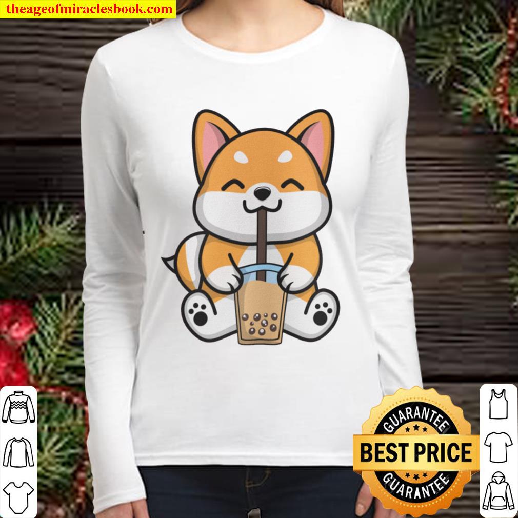 Dog Drinking Boba Tea Sweatshirt Shiba Inu Akama Cute Kawaii Gift for Women Long Sleeved