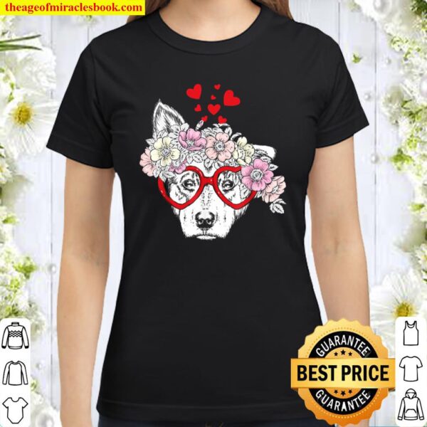 Dog Puppy Sunglasses Flowers Heart Cute Dog Valentine Gift Classic Women T-Shirt