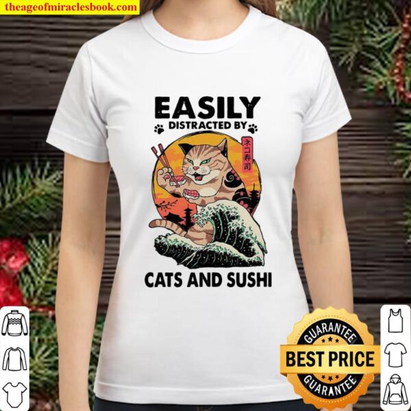 Easily Distracted By Cats And Sushi Neko Sushi Wave Sunset Classic Women T-Shirt