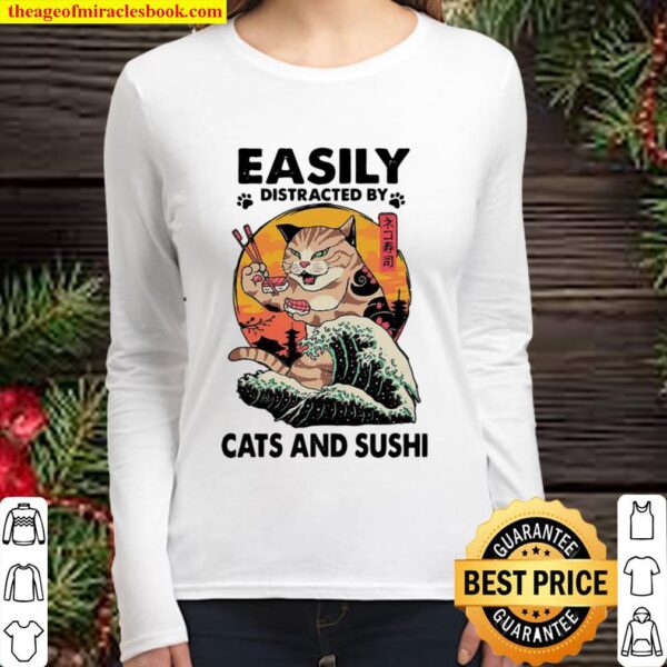Easily Distracted By Cats And Sushi Neko Sushi Wave Sunset Women Long Sleeved