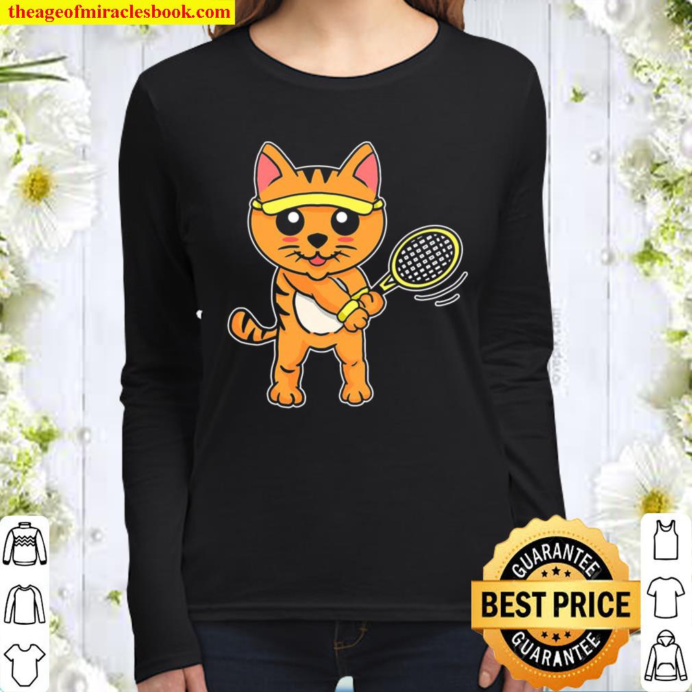 Funny Tennis Racket Gift Cat Playing Tennis Women Long Sleeved