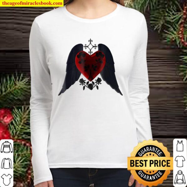Goth Red Heart With Black Wings And Roses Women Long Sleeved