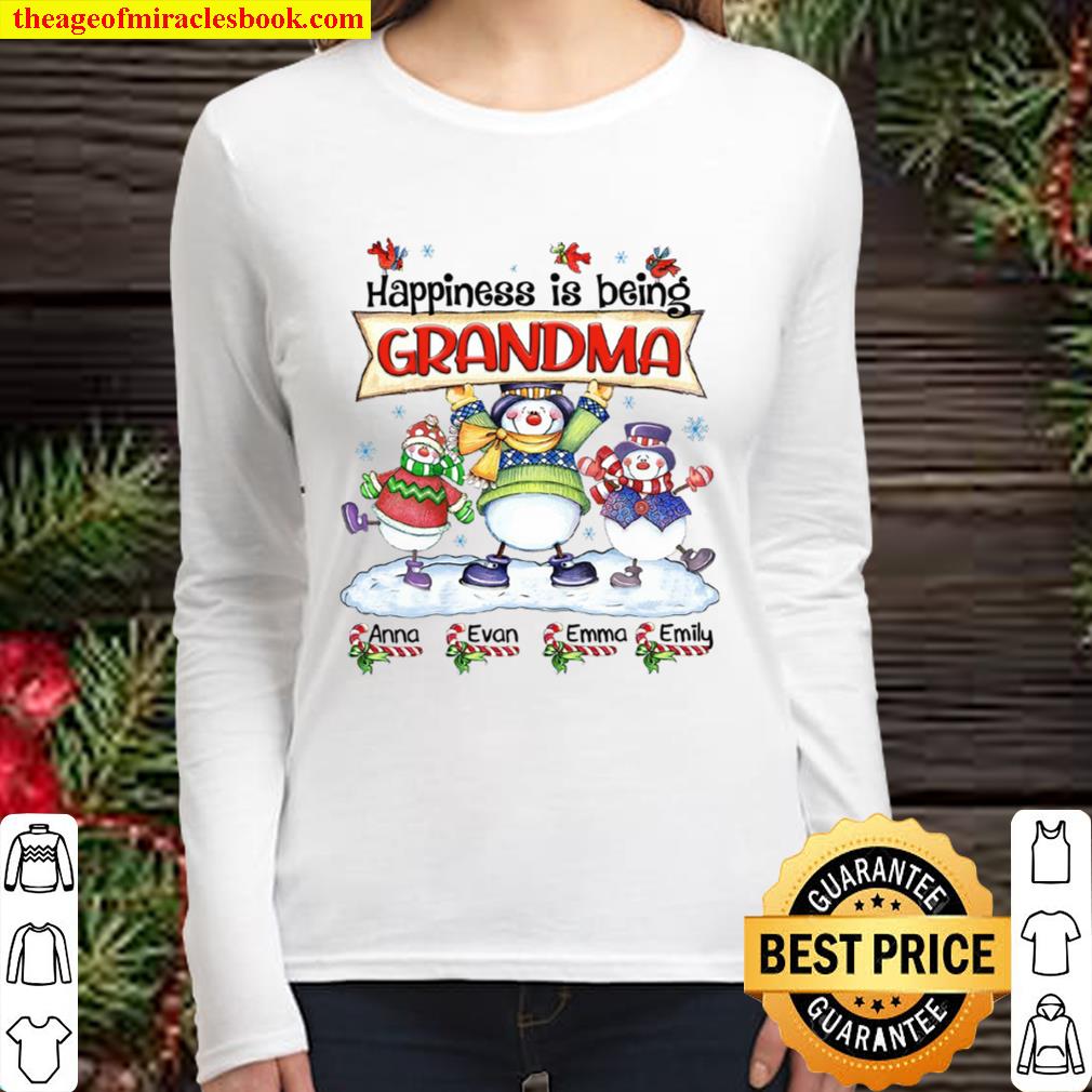 Grandma, Nana, Gigi Shirt - Happiness Is Being Grandma - Snowman Hold Women Long Sleeved