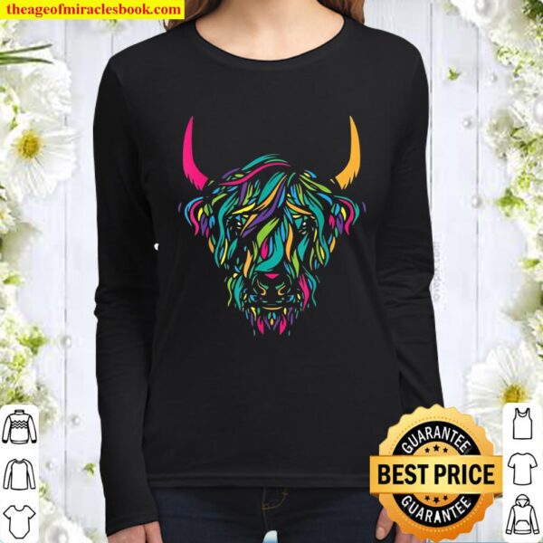 Highland Cow Animal Print I Colorful Cow Lover Women Long Sleeved