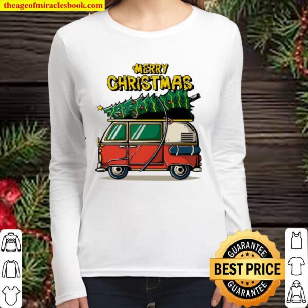 Hippie car merry Christmas tree Women Long Sleeved