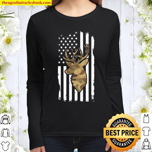 Hunting American Flag – Deer Hunter Buck Usa Gift Women Long Sleeved
