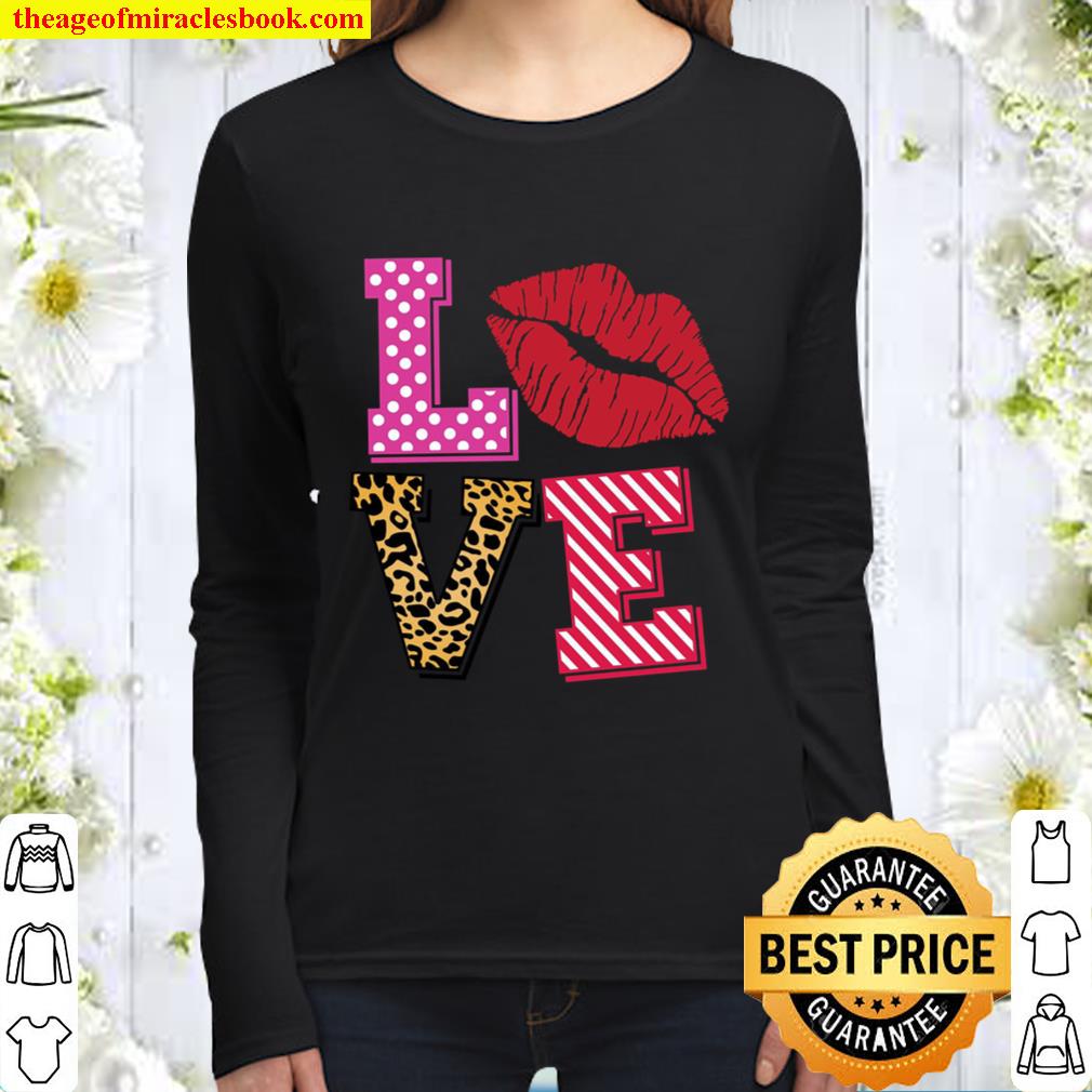 LOVE Valentine Shirt, Leopard Lip Shirt, XOXO, Valentines Day Shirt ,L Women Long Sleeved