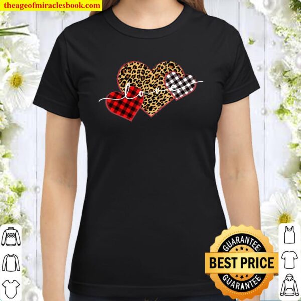 Leopard Print Buffalo Plaid Love Valentines Day Hearts Classic Women T-Shirt