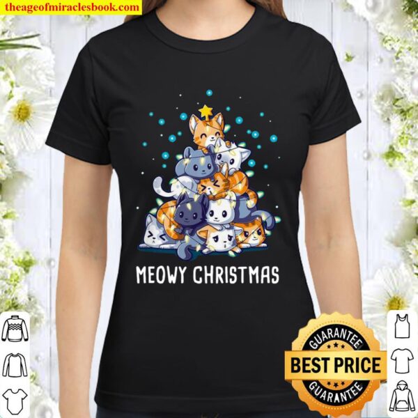 Meowy Christmas Cat Christmas Tree Lights Classic Women T-Shirt