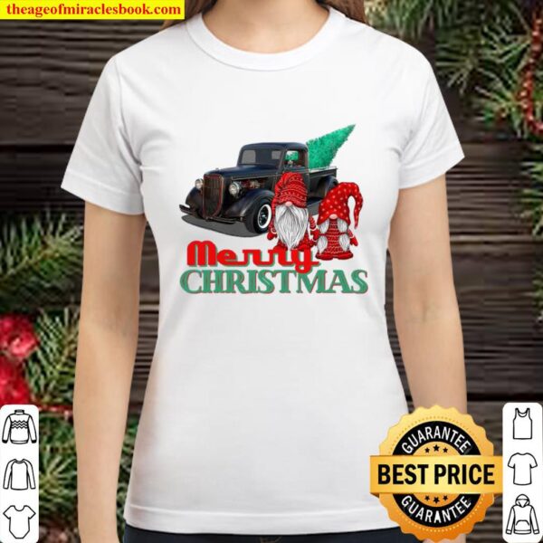 Merry Christmas Gnome Couple Old Pickup Truck Hotrod Holiday Classic Women T-Shirt