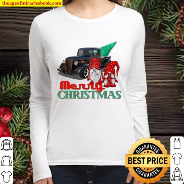 Merry Christmas Gnome Couple Old Pickup Truck Hotrod Holiday Women Long Sleeved