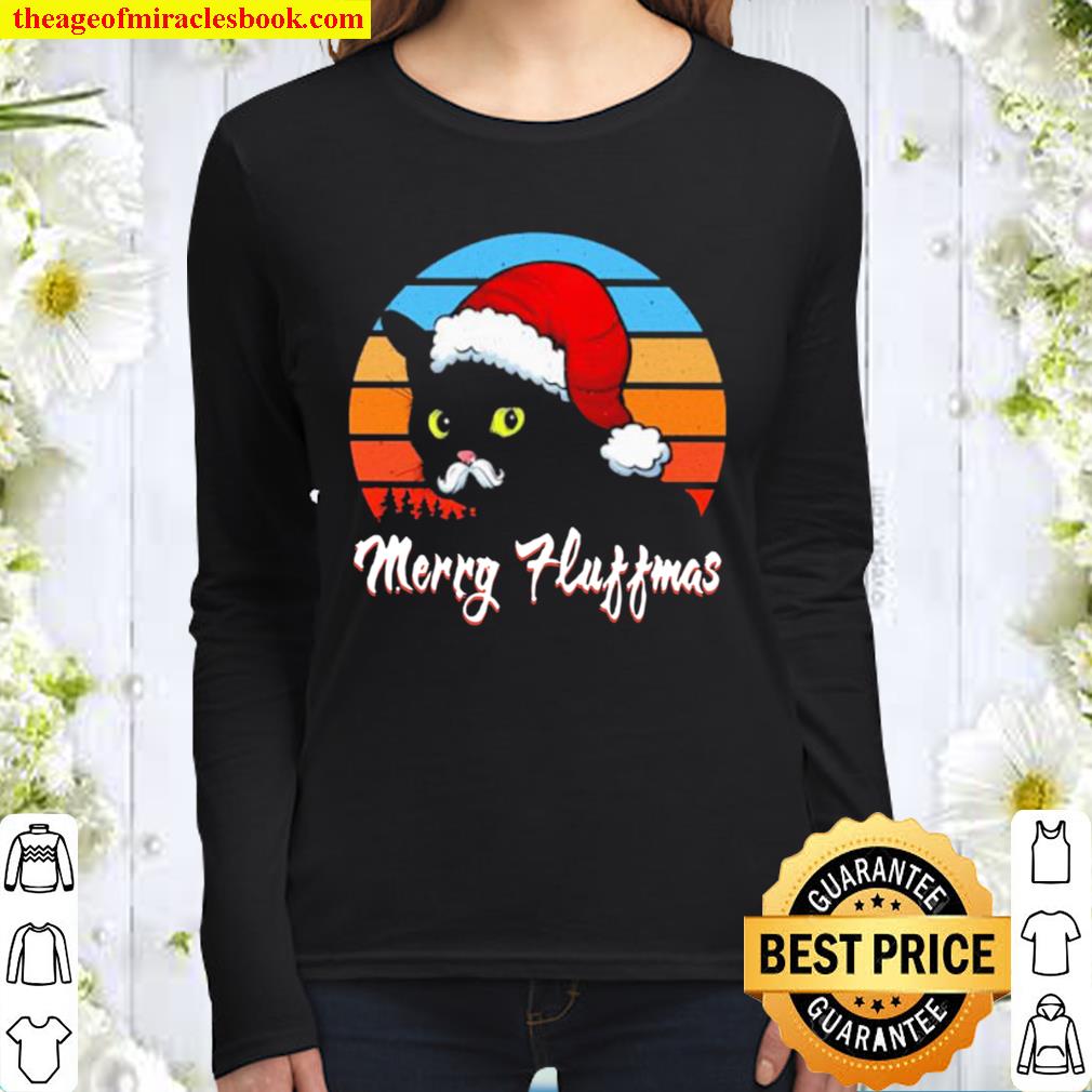 Merry Fluffmas black cat Santa hat vintage Christmas Women Long Sleeved