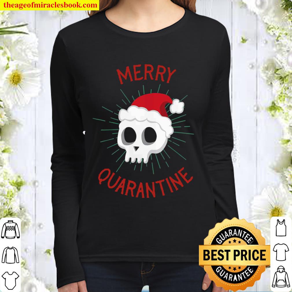 Merry Quarantine Skull with Santa Hat Funny Christmas 2020 Women Long Sleeved