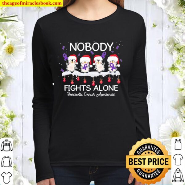 Nobody Fights Alone Pancreatic Cancer Awareness Penguins Xmas Women Long Sleeved