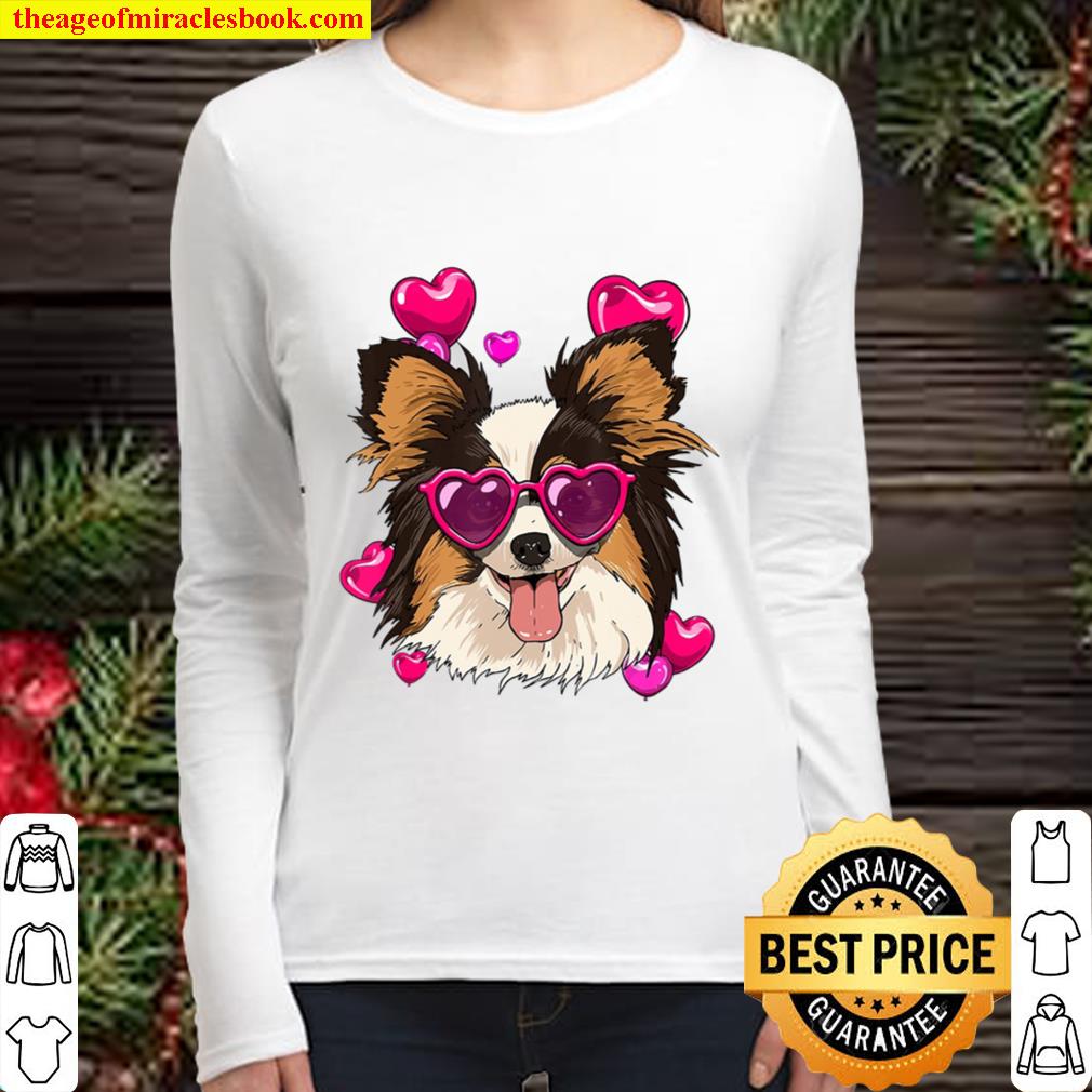 Papillon Valentines Day Shirt Heart Dog Lover Women Long Sleeved