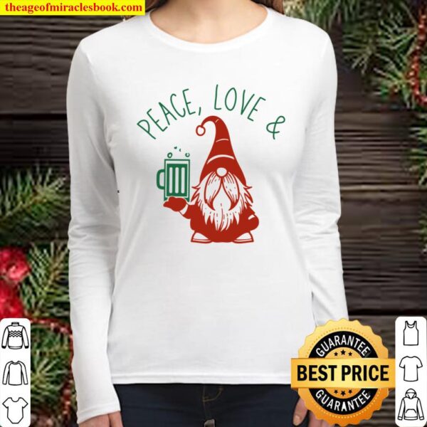 Peace, Love and Beer Gnome Fun Christmas Holiday Women Long Sleeved