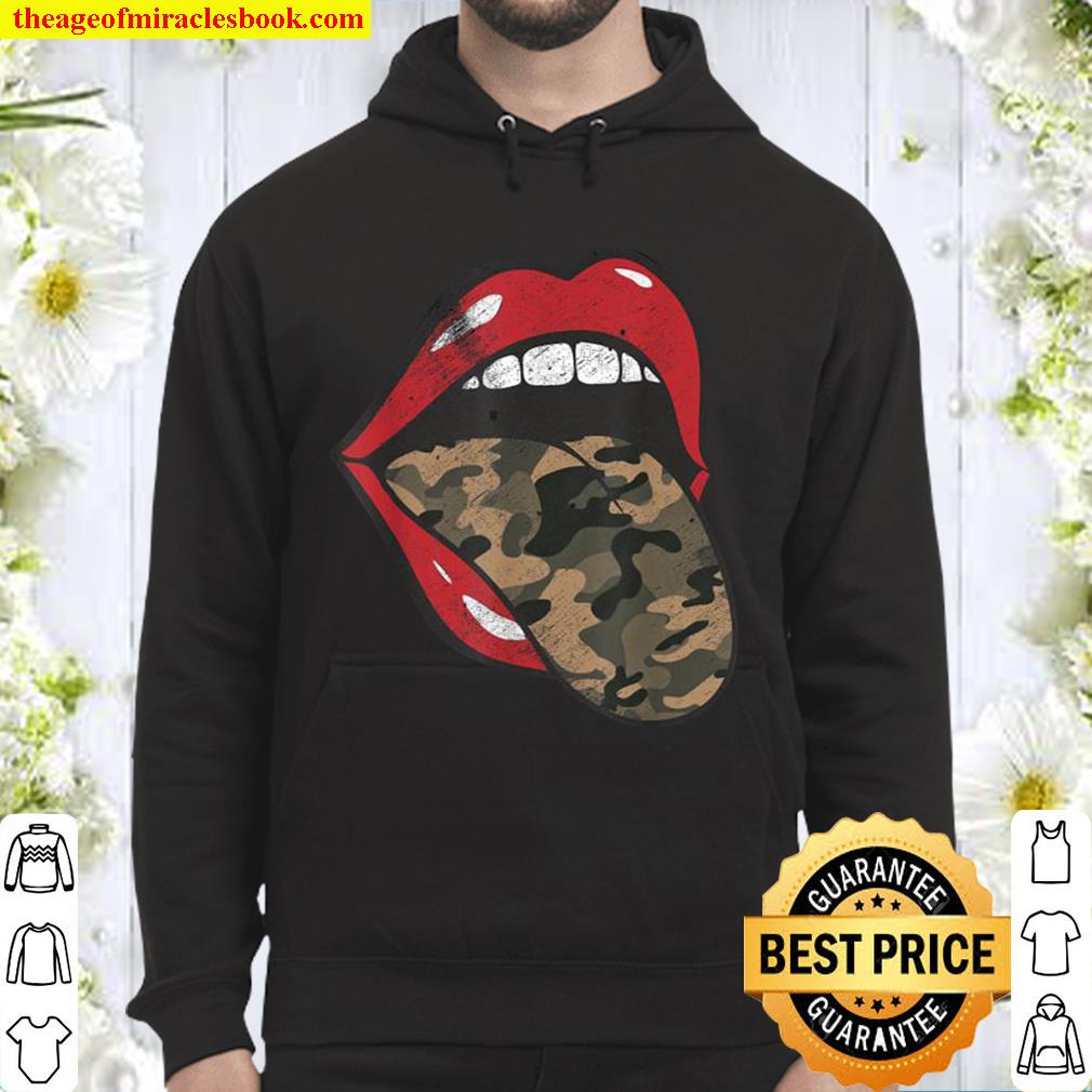 Red Lips Camo Tongue Camouflage Military Trendy Grunge Funny Hoodie