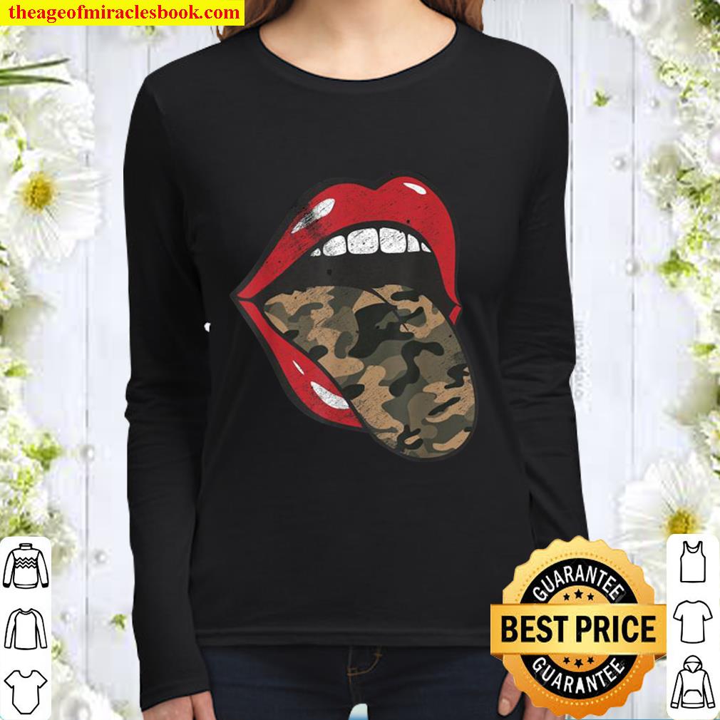 Red Lips Camo Tongue Camouflage Military Trendy Grunge Funny Women Long Sleeved