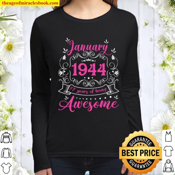 Retro Vintage January 1944 77th Birthday Gift 77 Years Old Women Long Sleeved